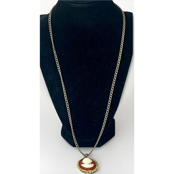 Vintage Cameo or Fleur De Lis REVERSIBLE Pendant Necklace Gold Tone - 28” - Picture 12 of 14